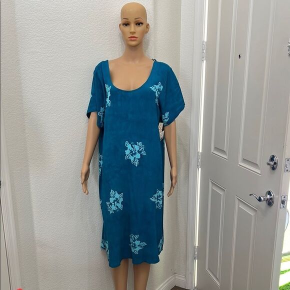 Pineapple Moon Floral Teal Midi Dress Sz 1X Scoop Neck Short Sleeve 💯% Rayon New - Picture 1 of 13